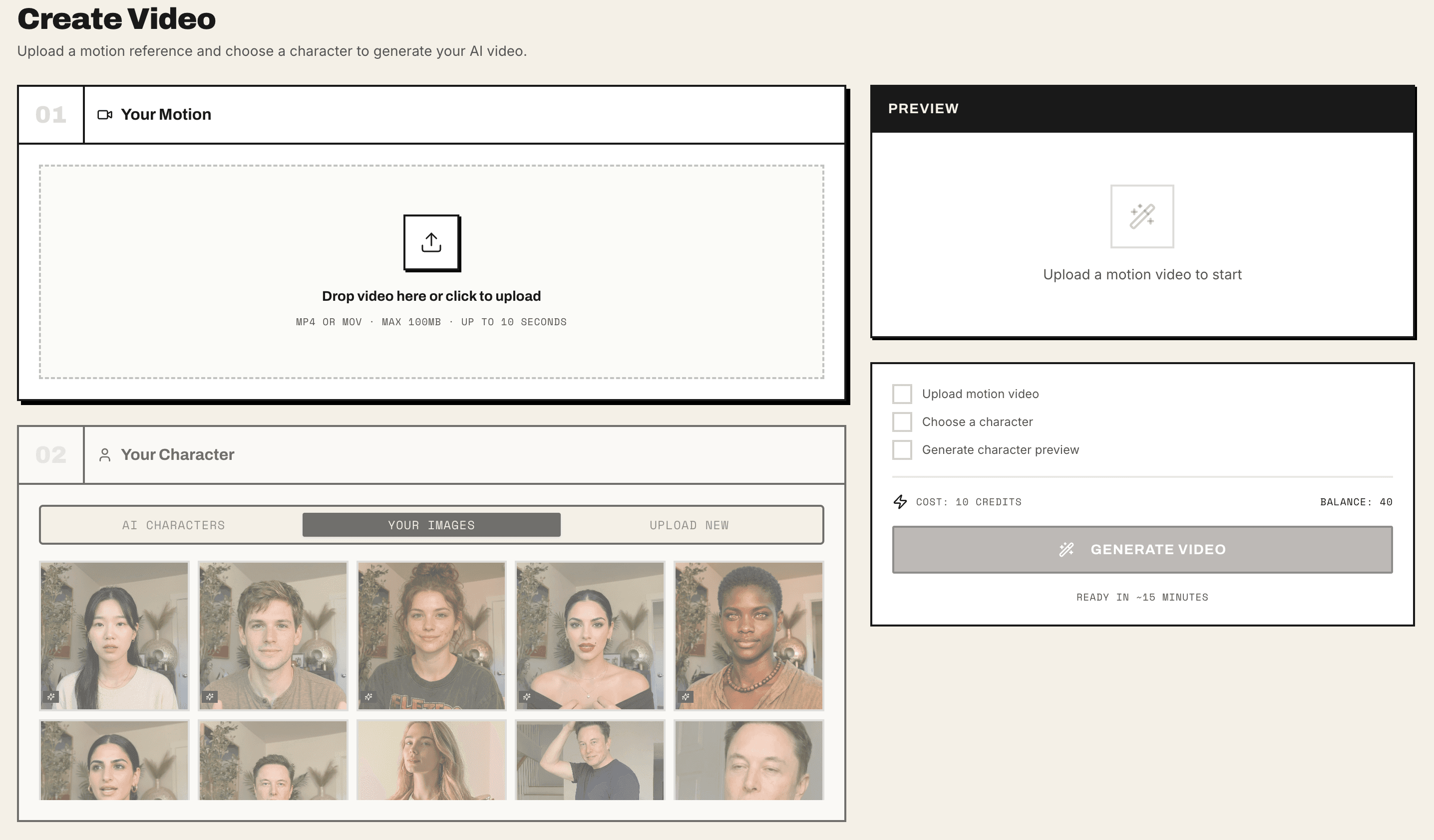 HiVideo create video interface — upload motion, choose character, generate